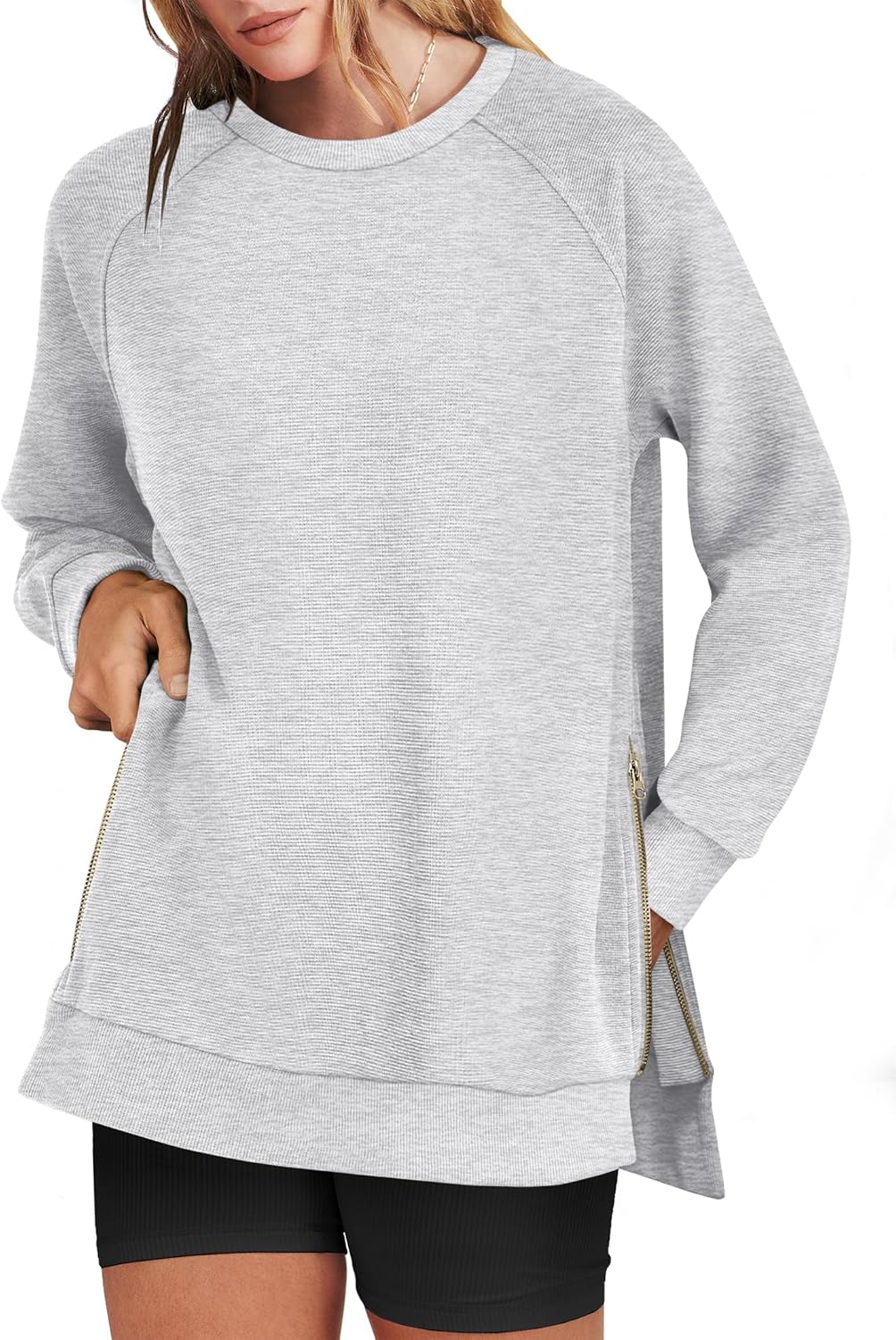 Oversized Sweatshirts for Women with Side Zipper and Crewneck