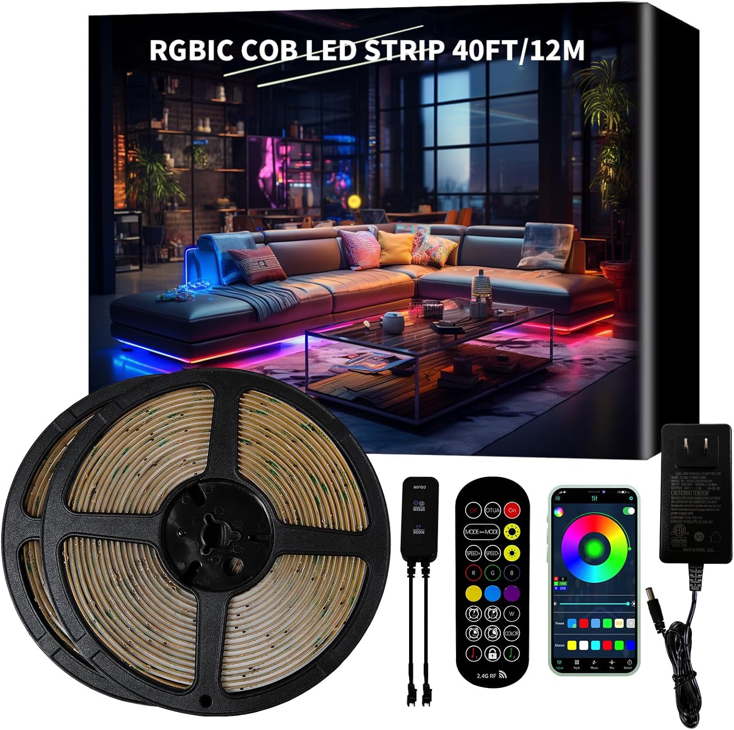 40ft COB RGB+IC LED Strip Lights for Home Decor and Gaming