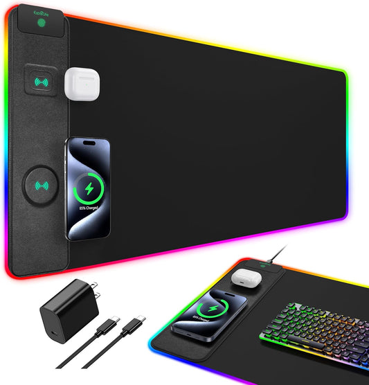 Wireless Charging RGB Gaming Mouse Pad with 15 Lighting Modes