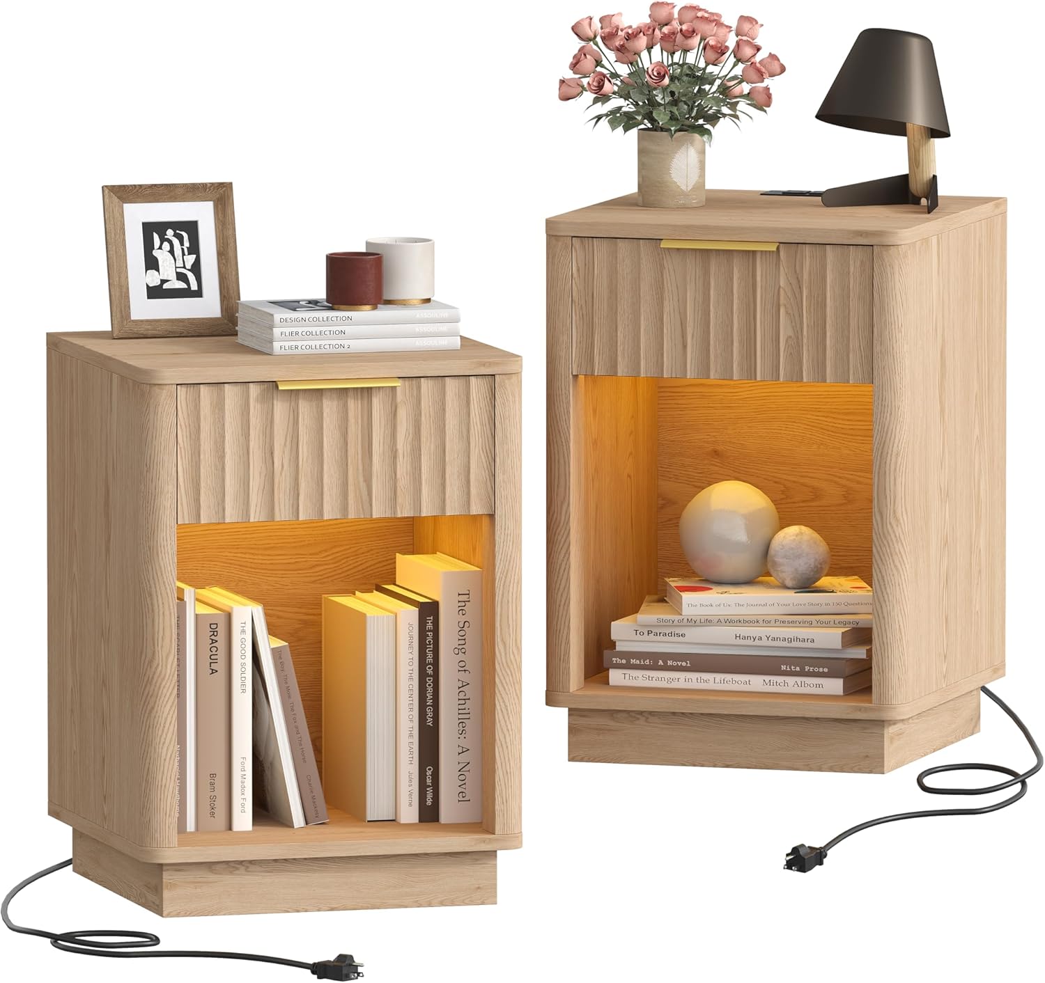 Fluted Nightstands Set of 2 with Charging Station and LED Light