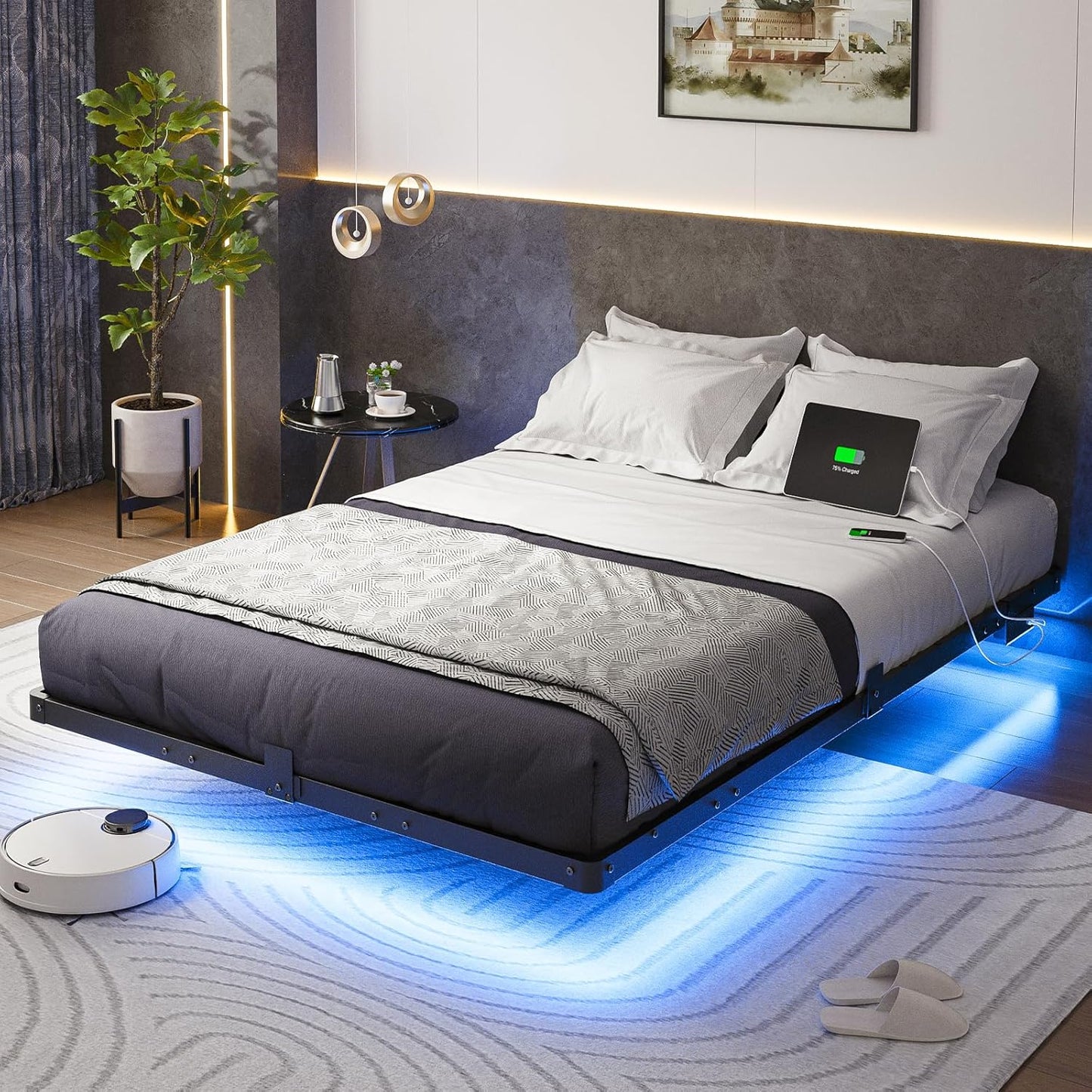 Full Size Modern Floating Bed Frame with LED Lights and USB