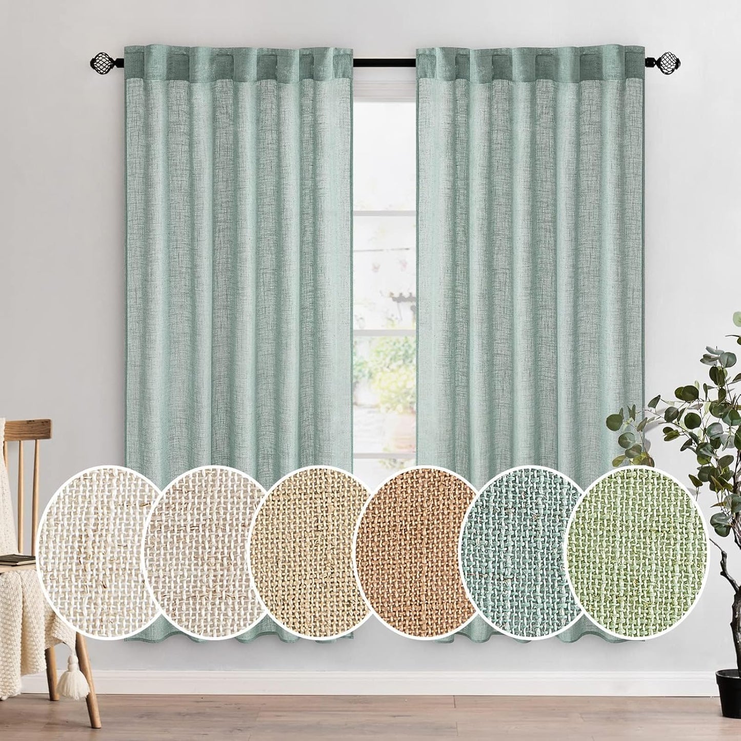 MIULEE Sea Green Linen Curtains for Bedroom and Living Room