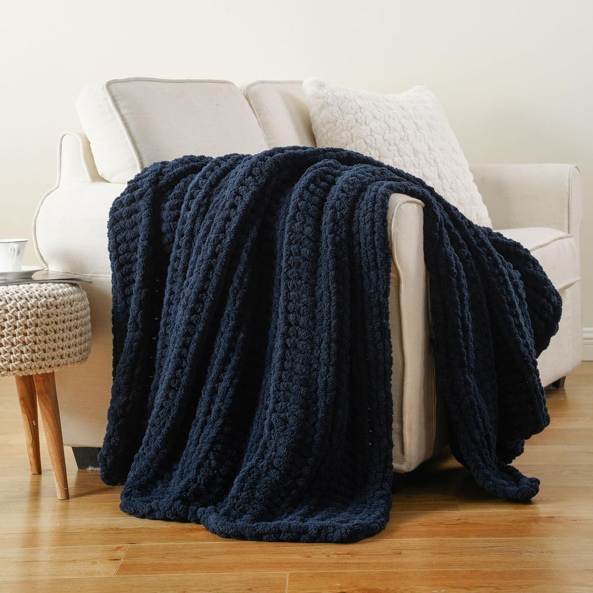 Navy Chunky Knit Throw Blanket for Couch - Super Soft Chenille