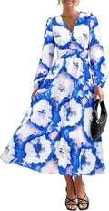 Women's Floral Midi Dress V Neck Long Sleeve - Flowy A-Line Dress