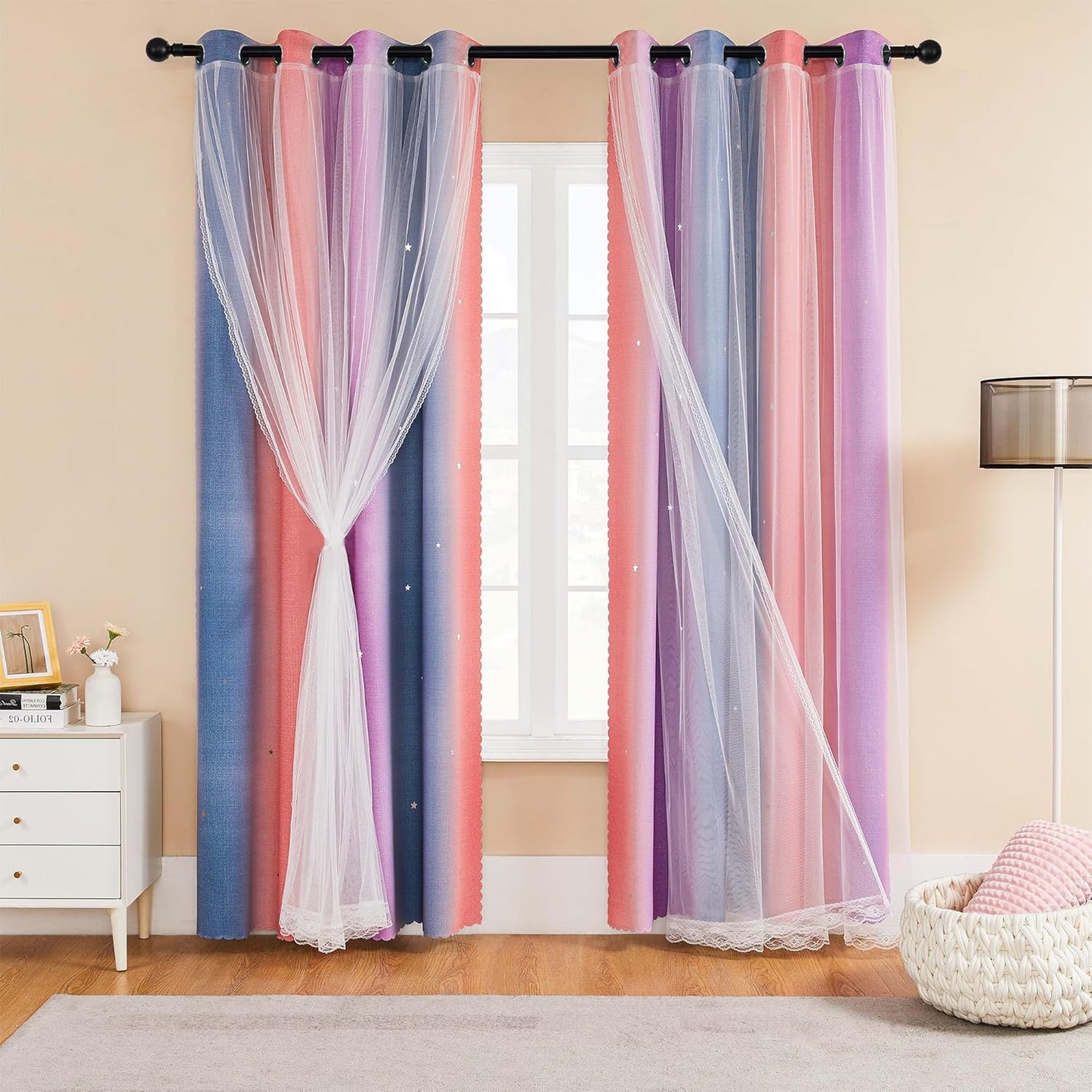 XiDi Girls Blackout Curtains for Bedroom Decor with Rainbow Design