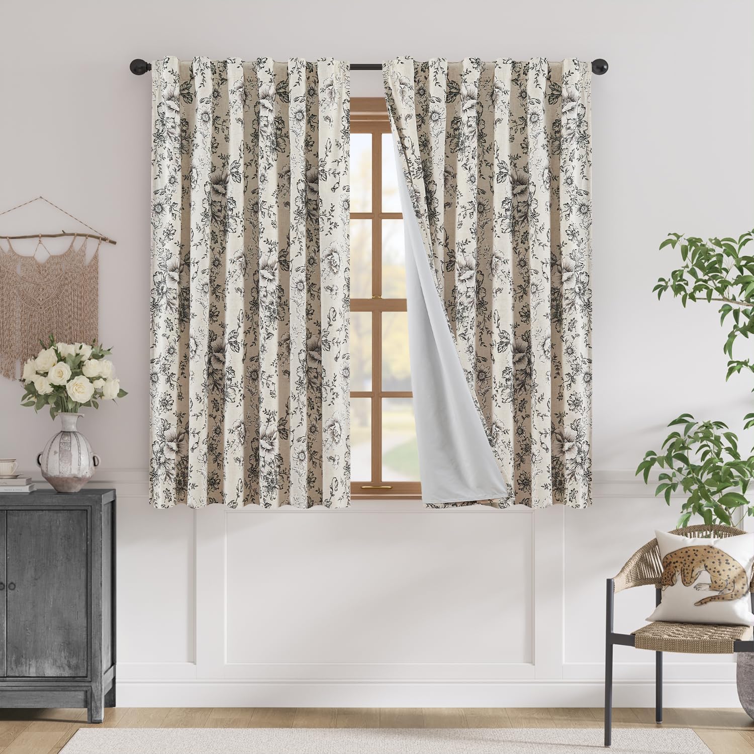 Floral Blackout Linen Blend Curtains for Elegant Home Decor