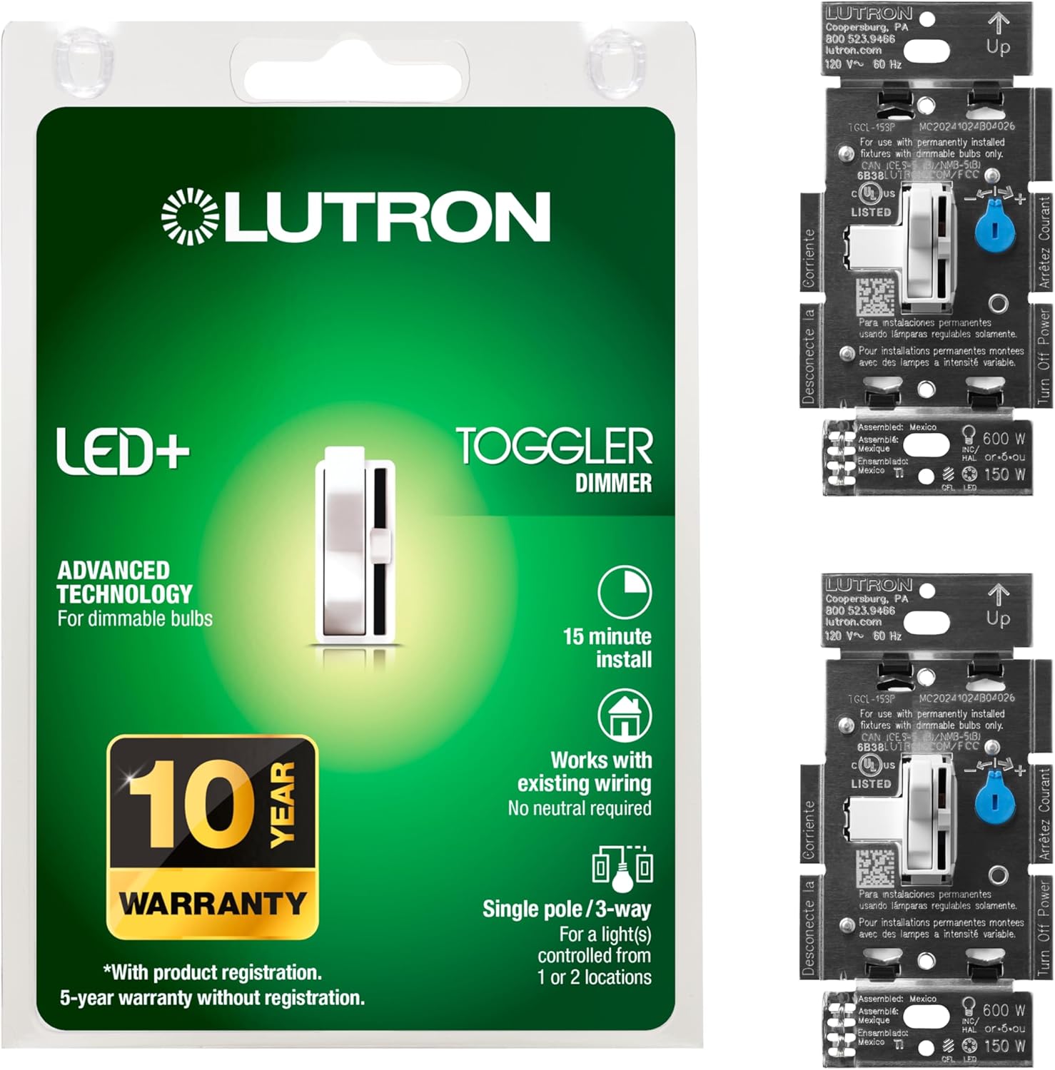 Lutron Toggler LED+ Dimmer Switch for Dimmable LED and More