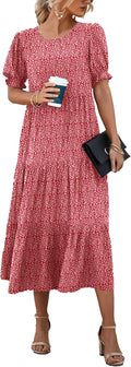 Summer Floral Boho Midi Sun Dress - Flowy Puff Sleeve Sundress 4-6