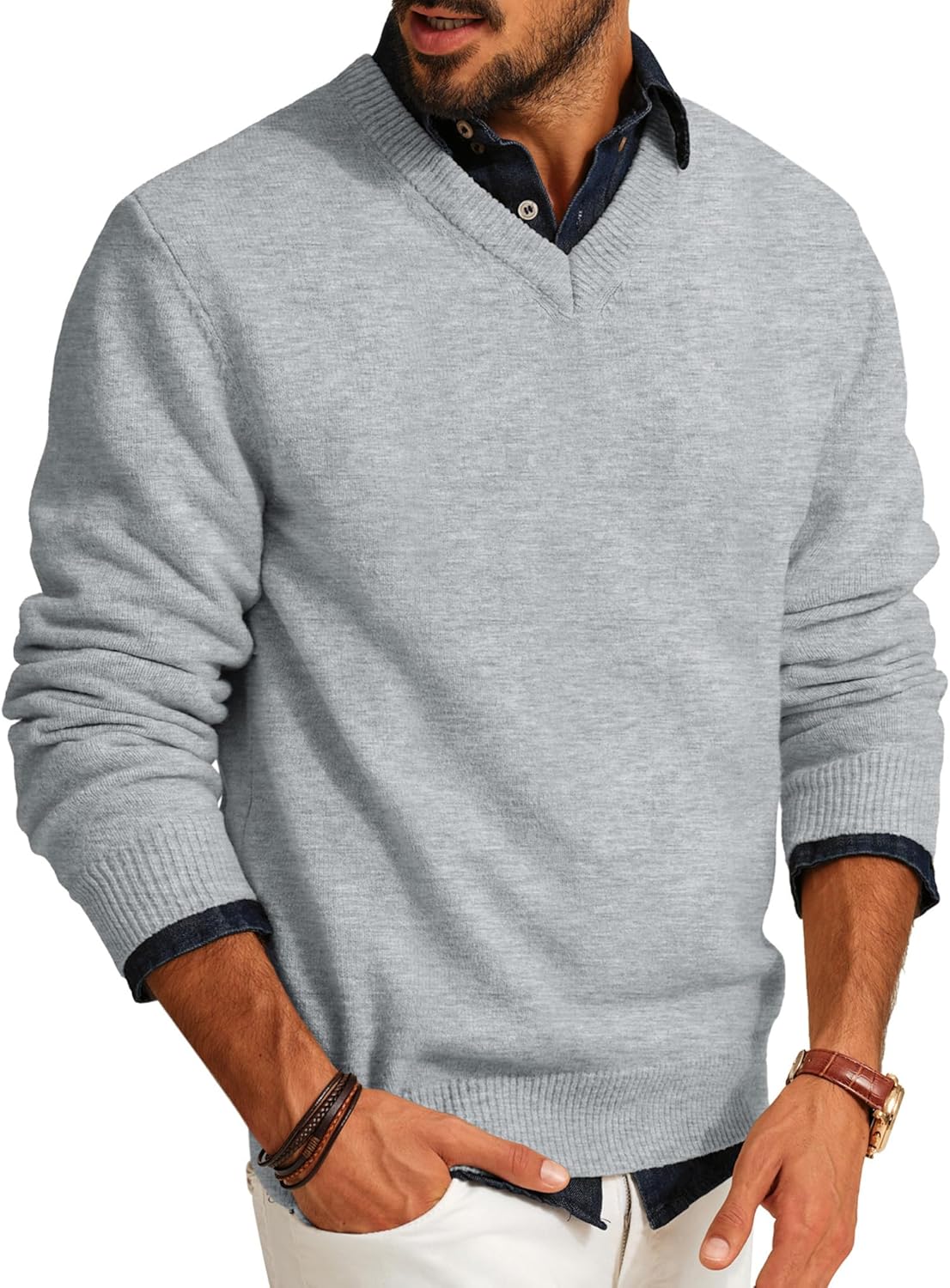 PJ PAUL JONES Mens V Neck Pullover Lightweight Wool Blend Sweater