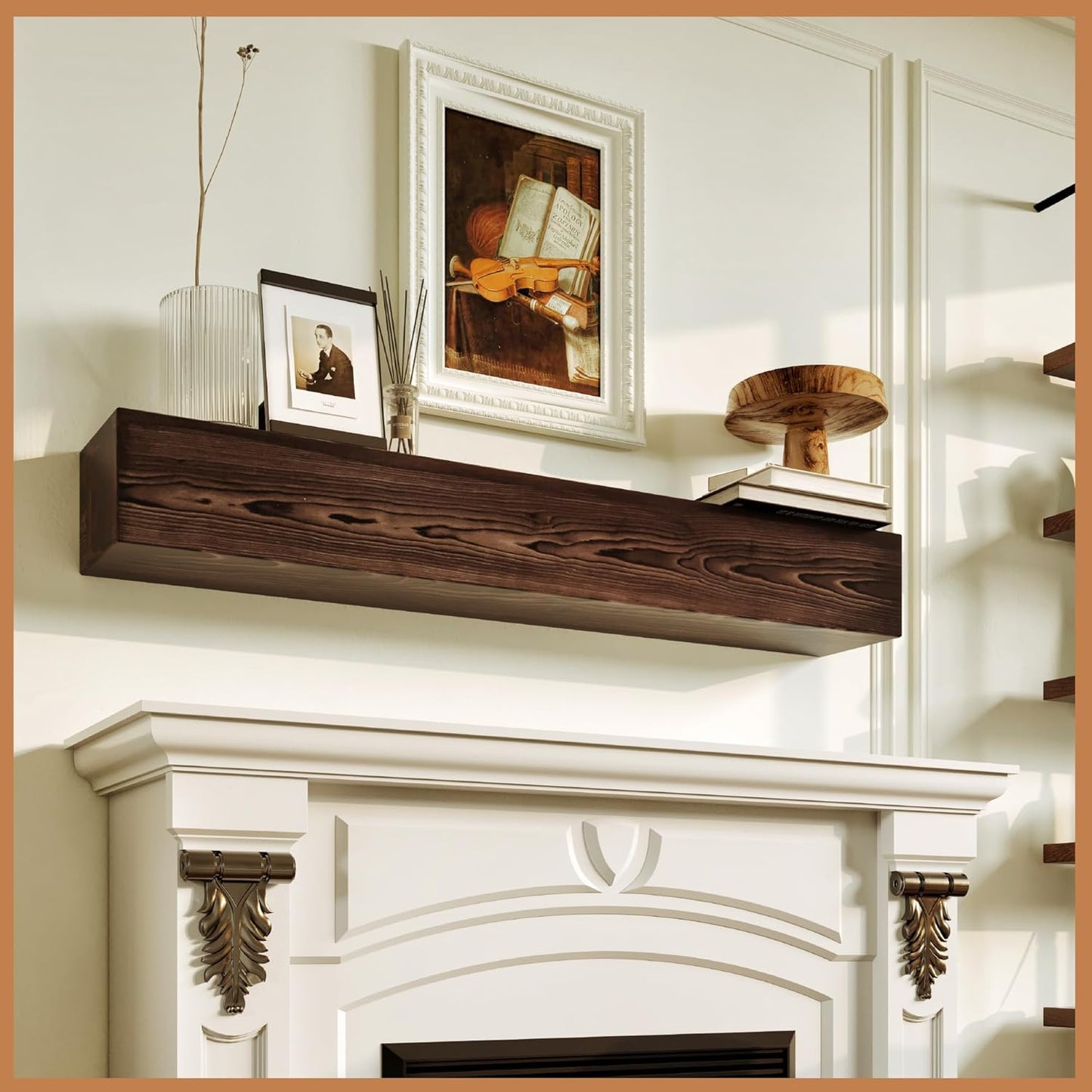 Avana Floating Fireplace Mantel - Rustic Brown Wood Shelf