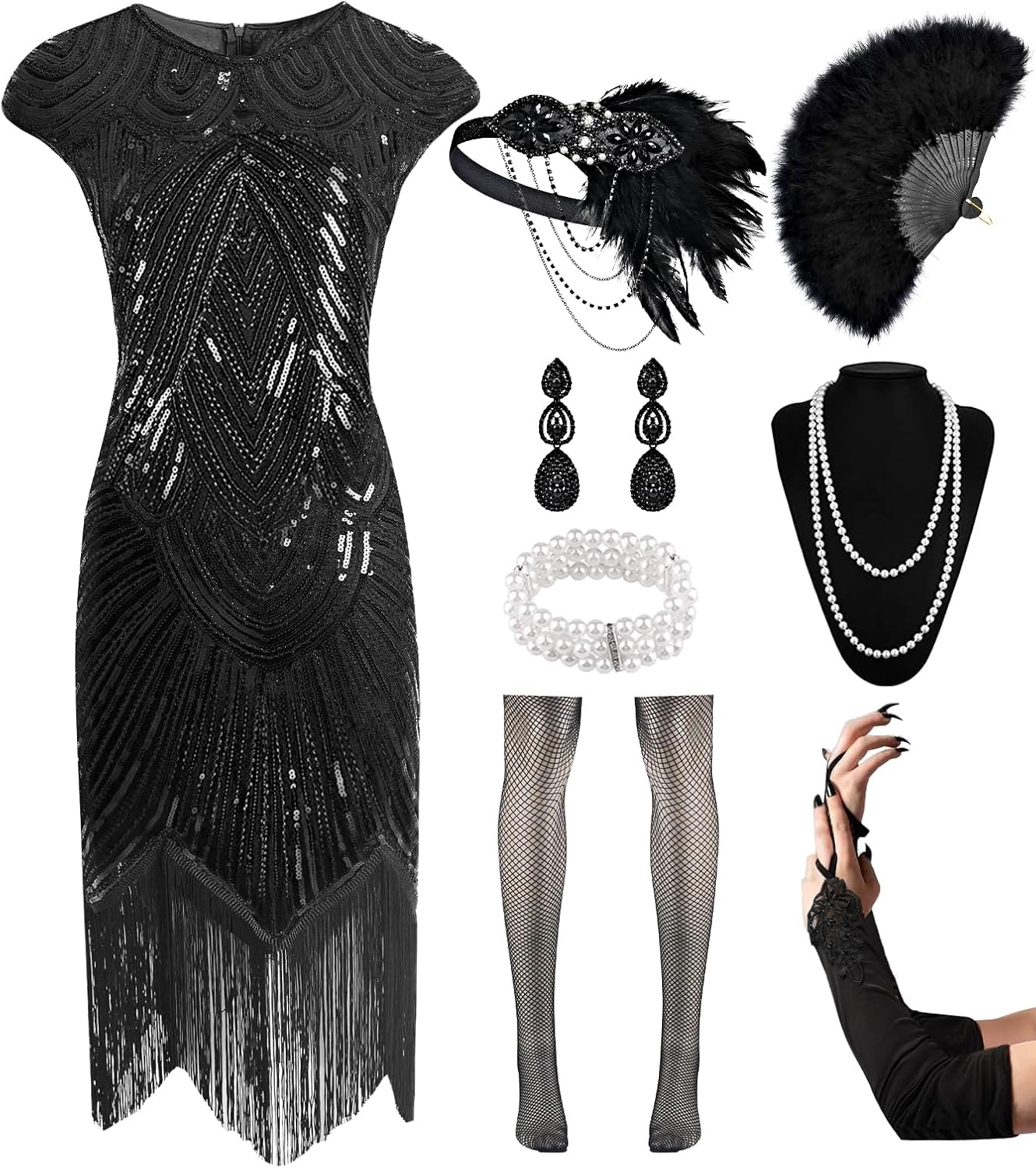 1920s Women's Flapper Dresses with Sequin Fringe and Accessories