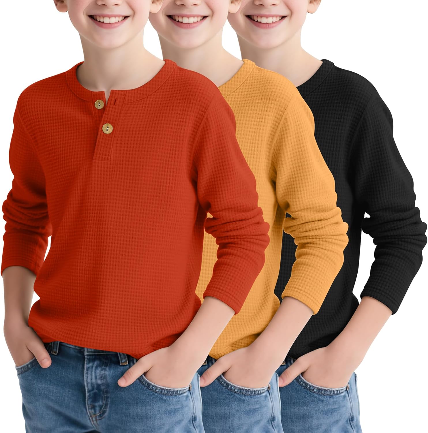 Boy's Henley Long Sleeve Shirts for School - 3 Pack Waffle Tops