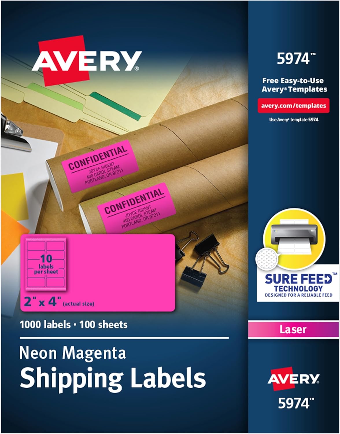 Avery 2x4 Neon Shipping Labels for Laser Printers, 1,000 Stickers