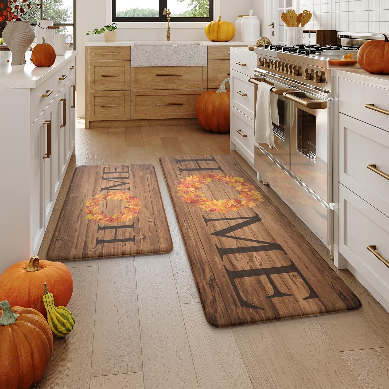 Fall Kitchen Mat Set of 2, Anti Fatigue Cushioned Rugs
