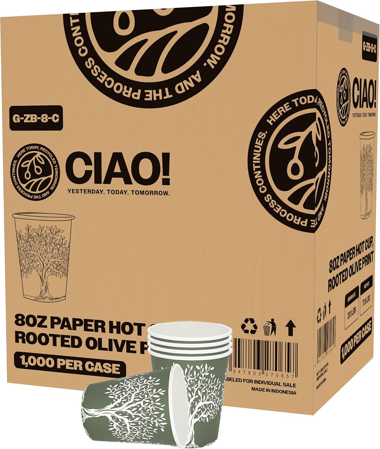 CIAO! 8oz Paper Hot Cups with Rooted Olive Print for Events