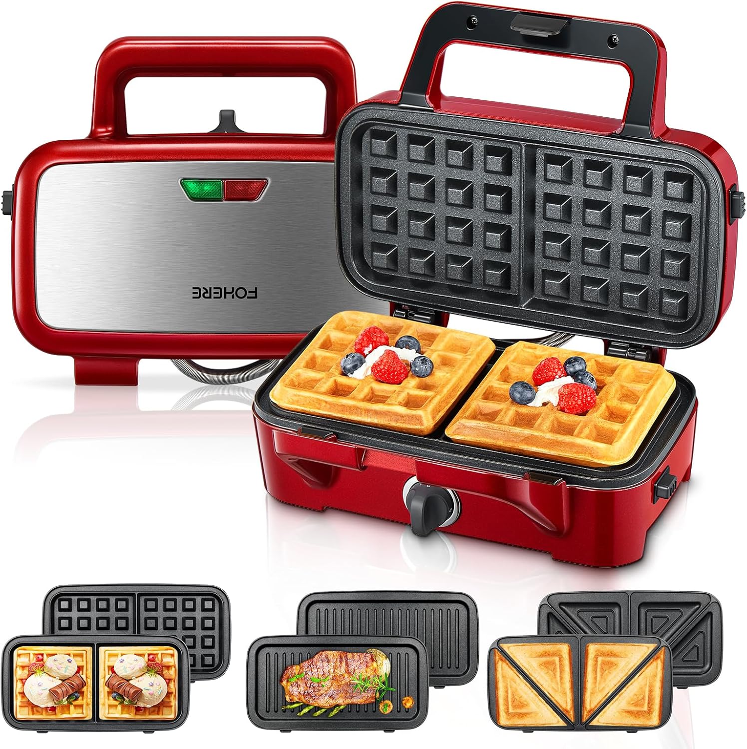 FOHERE Waffle Maker 3 in 1 Sandwich Maker with Removable Plates