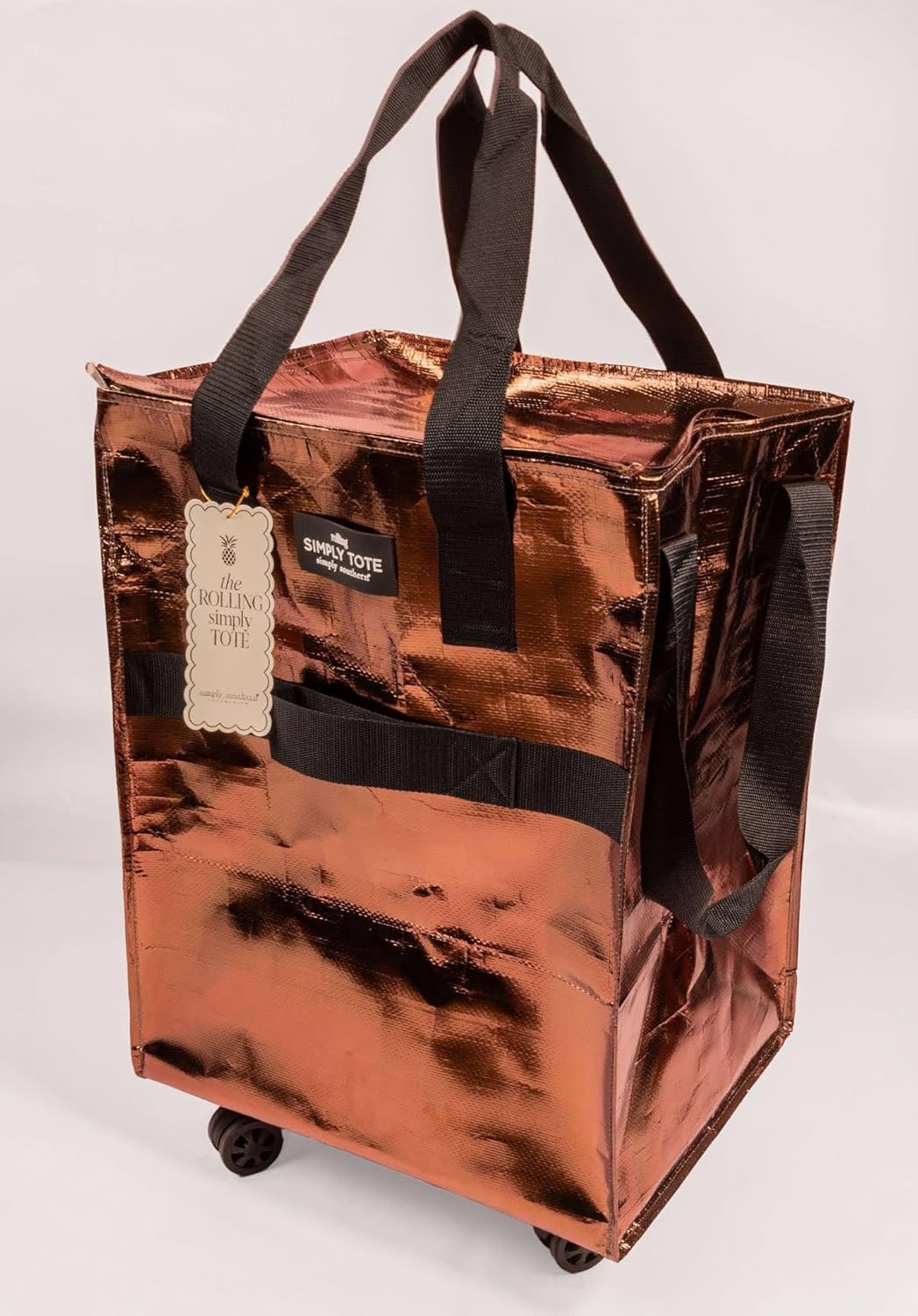 Metallic Rolling Shopping Tote with Handles for Easy Transport