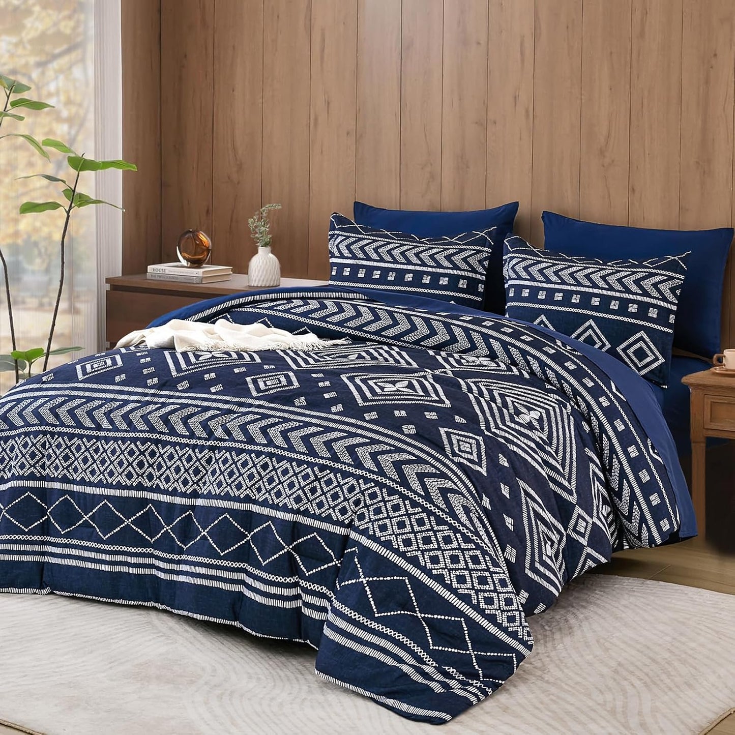 Yiran Navy Blue King Comforter Set for Modern Boho Style