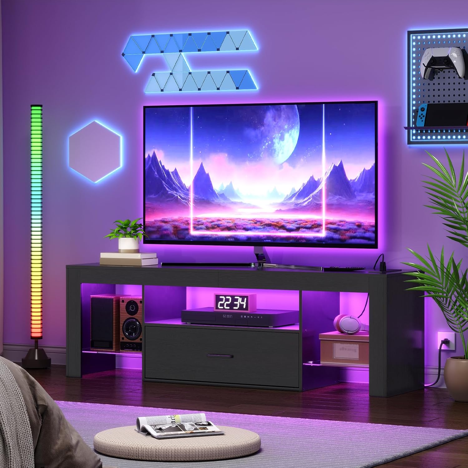 Modern TV Stand: Power Outlets, Glass Shelves, Large Drawer