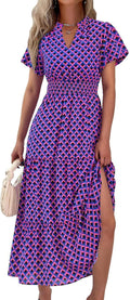 Summer Maxi Dress for Women V Neck Puff Sleeve Smocked Flowy