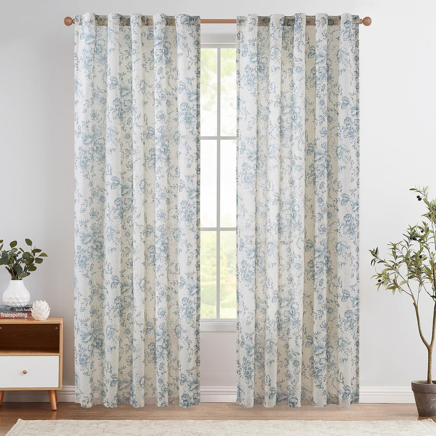 Floral Linen Blend Curtains for Living Room and Bedroom Decor