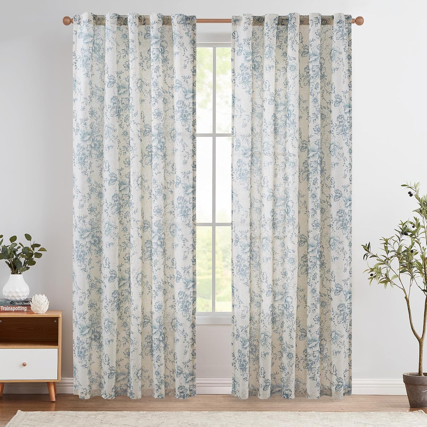 Floral Linen Blend Curtains for Living Room and Bedroom Decor