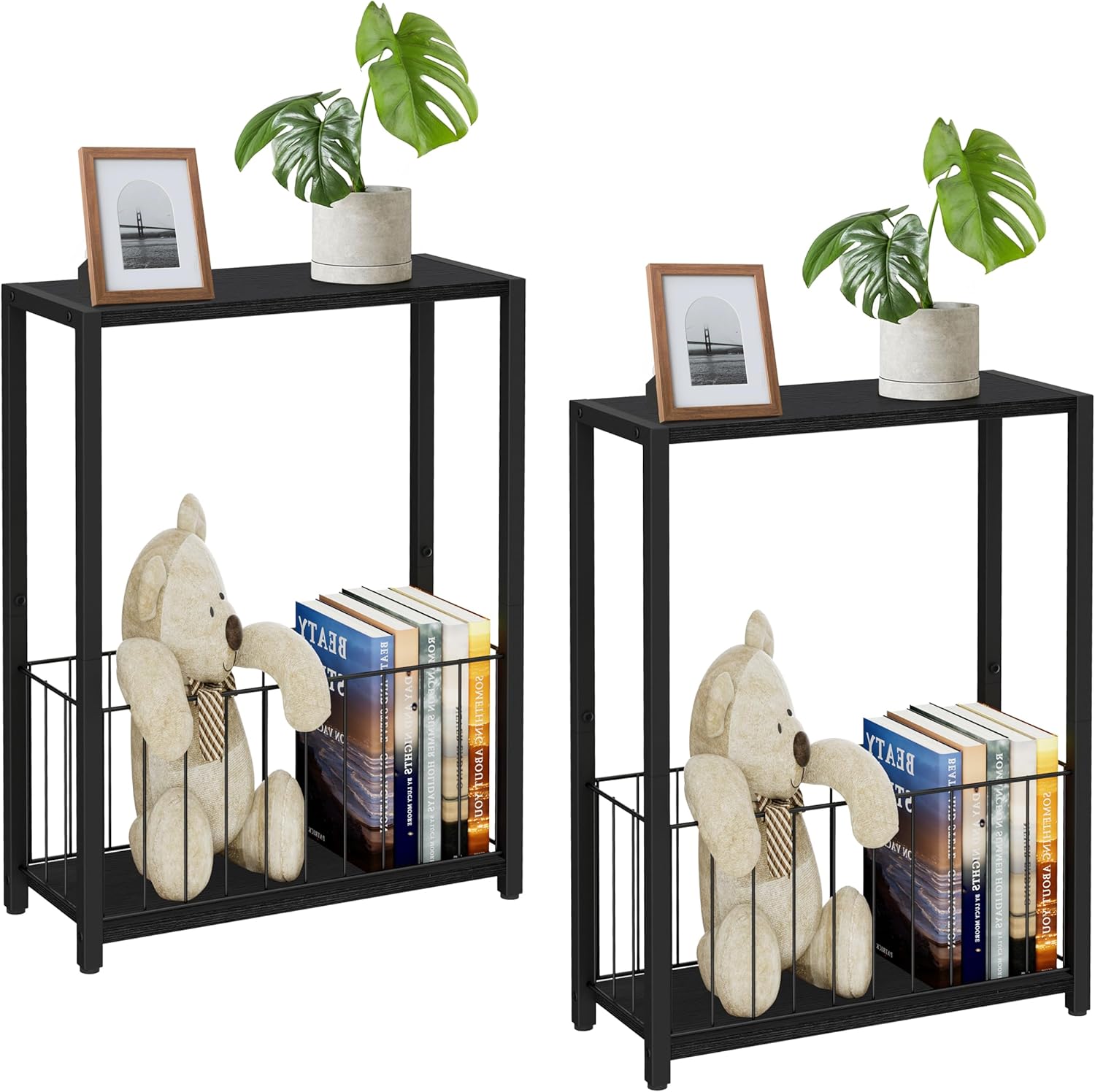 Narrow Side Tables Set of 2 with Magazine Holder for Small Spaces