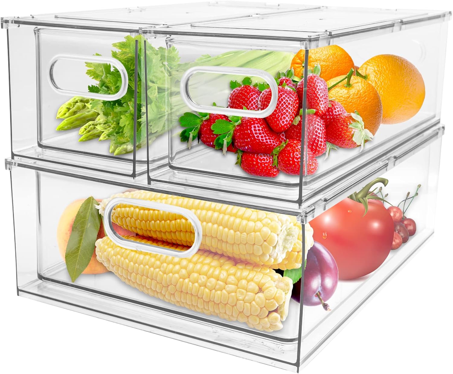 3 Pack Refrigerator Organizer Bins with Pull-out Drawer Design