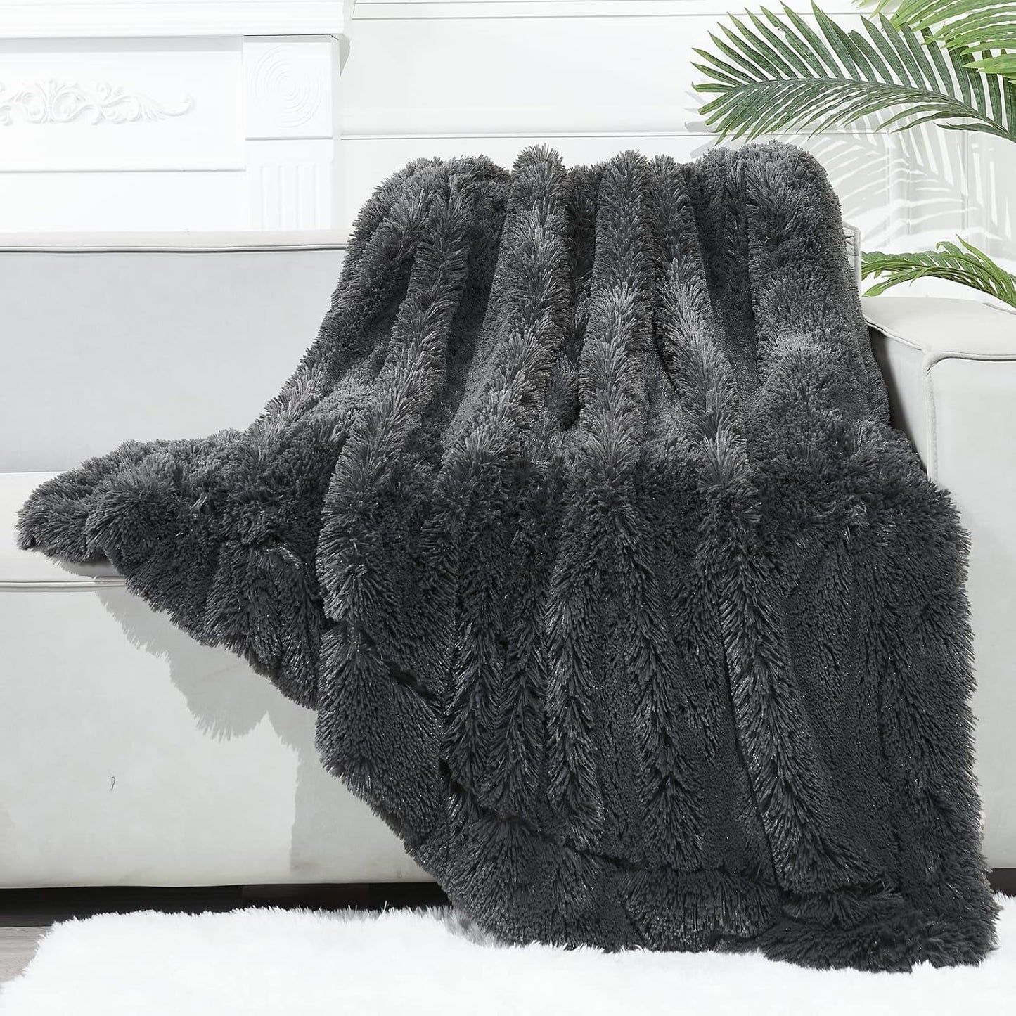 Fuzzy Faux Fur Throw Blanket Twin Size Dark Grey Cozy Plush