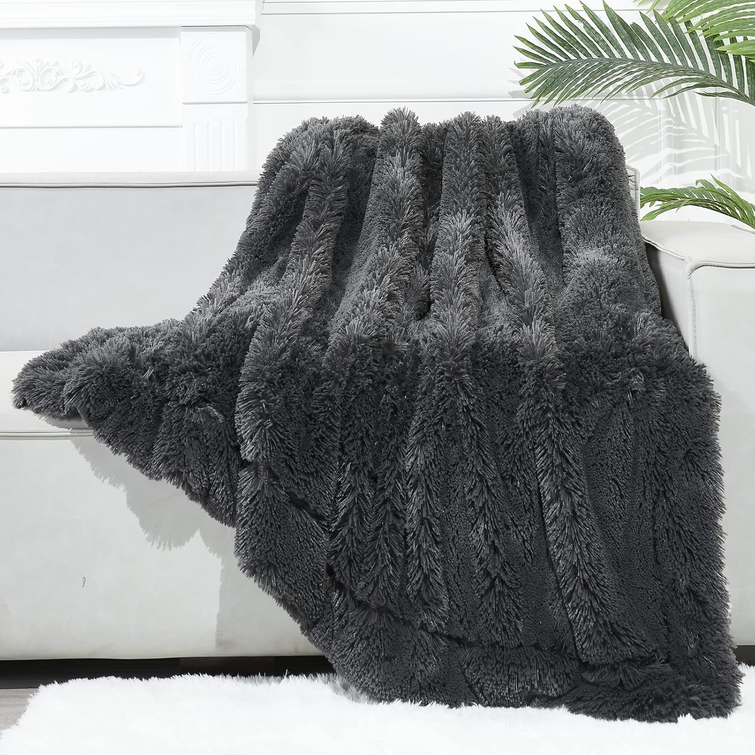 Fuzzy Faux Fur Throw Blanket Twin Size Dark Grey Cozy Plush