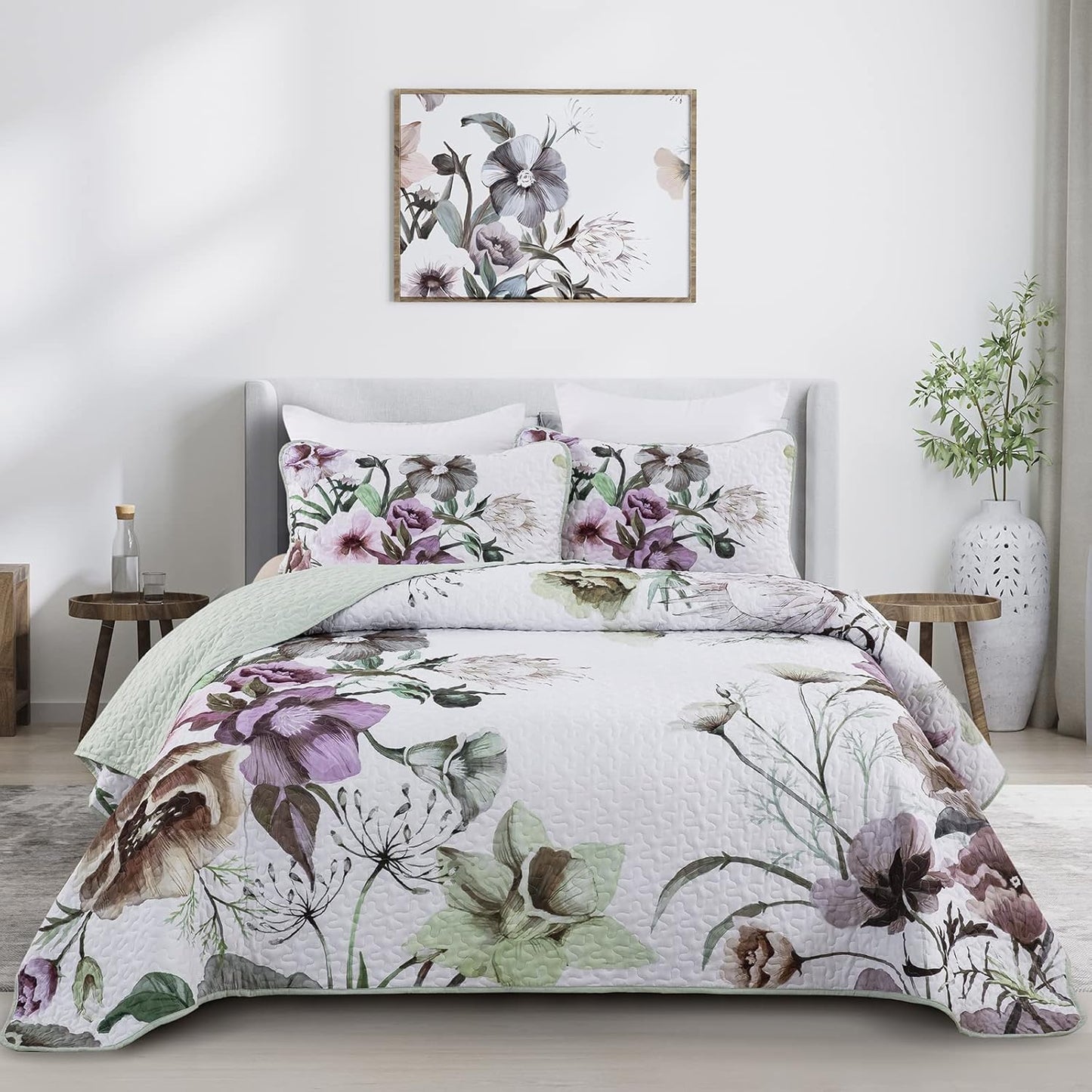Floral Quilt Set King 3 Pieces Soft Microfiber Bedspread
