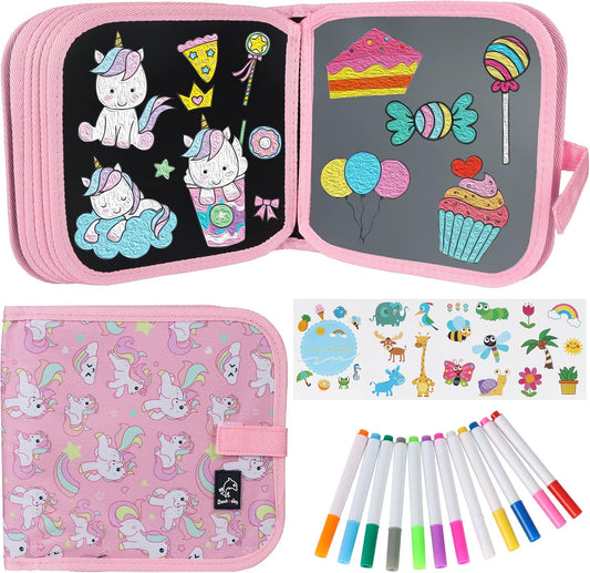 Erasable Doodle Set: Reusable Magic Drawing Book for Kids | Watercolor Pens | Road Trip Fun (Pink Unicorn)
