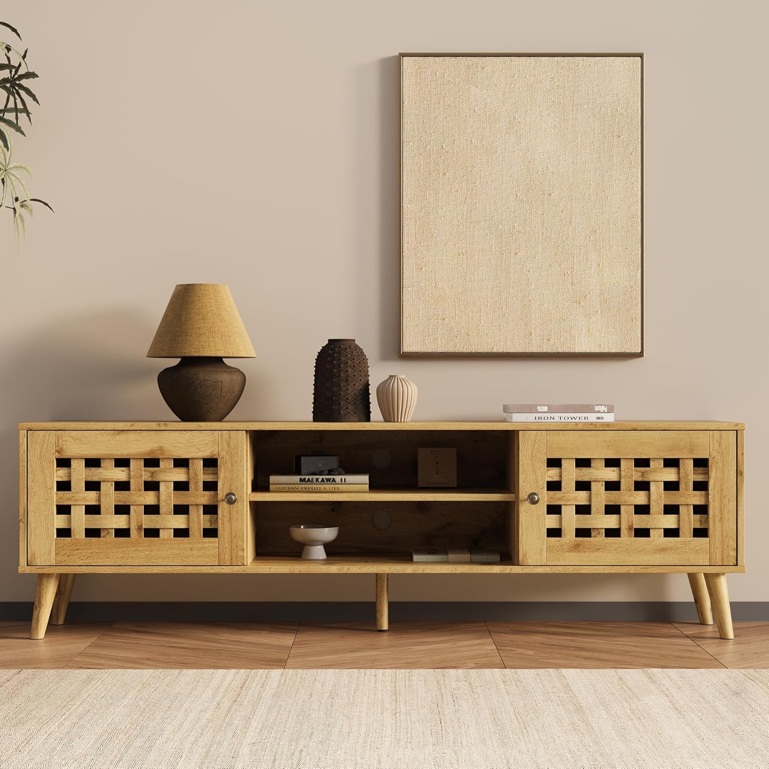 Vintage TV Stand with Basket Weave Door, Storage - 63''