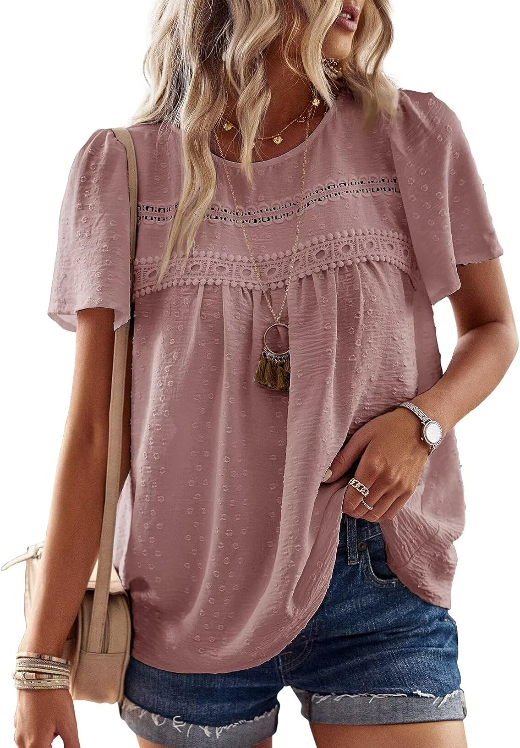 Womens Summer Tops Crewneck Short Sleeve Casual Chiffon Blouses