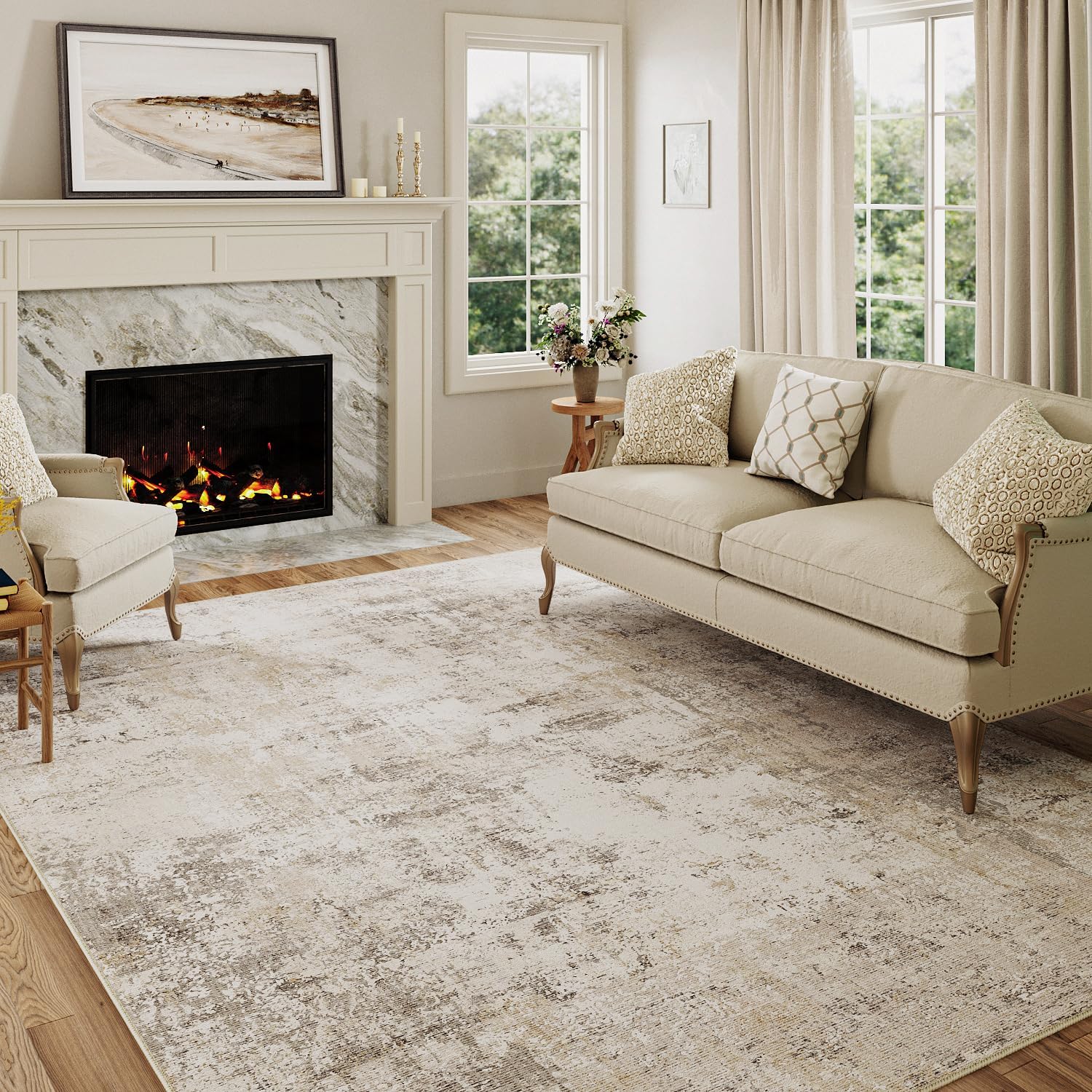 Soft Washable Beige Grey Area Rug - Non Slip & Stylish!