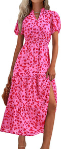 Summer Maxi Dresses for Women Boho V Neck Puff Sleeve Smocked Maxi is