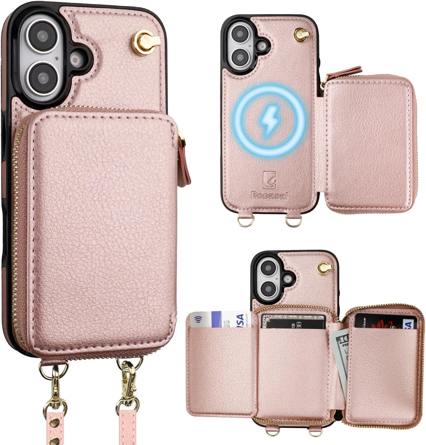 Bocasal MagSafe Crossbody Wallet Case for iPhone 16 - Rose Gold