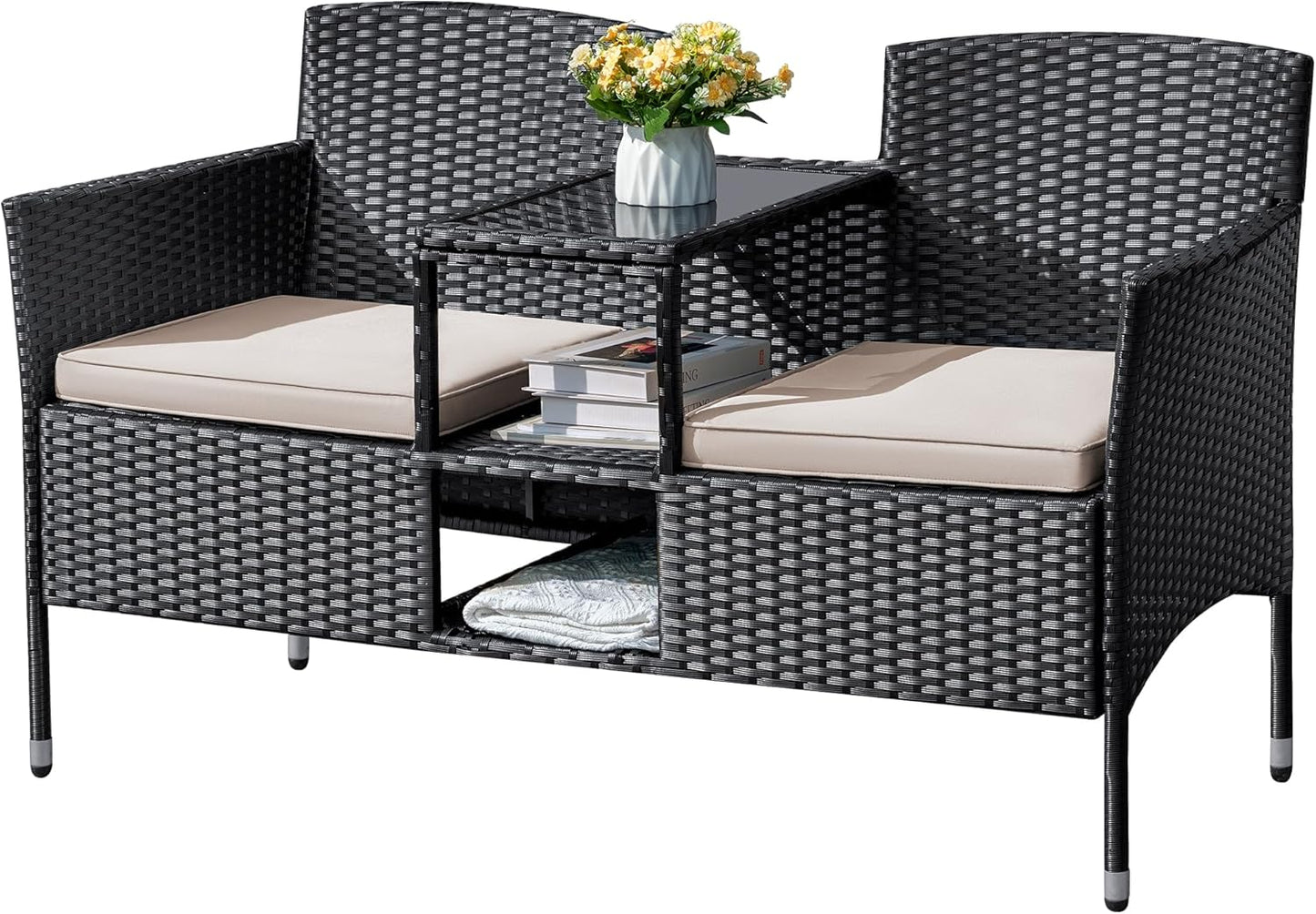 Flamaker Outdoor Furniture Loveseat with Built-in Table and Cushions