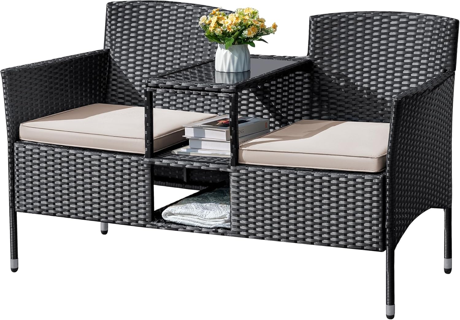 Flamaker Outdoor Furniture Loveseat with Built-in Table and Cushions