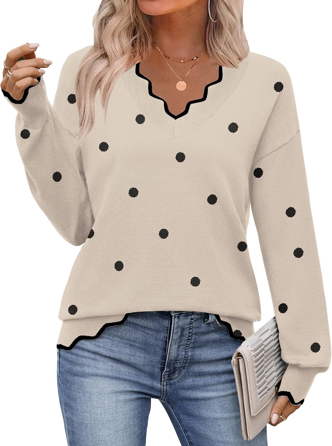 Zeagoo Women's V Neck Sweater Casual Long Sleeve Lightweight Knit