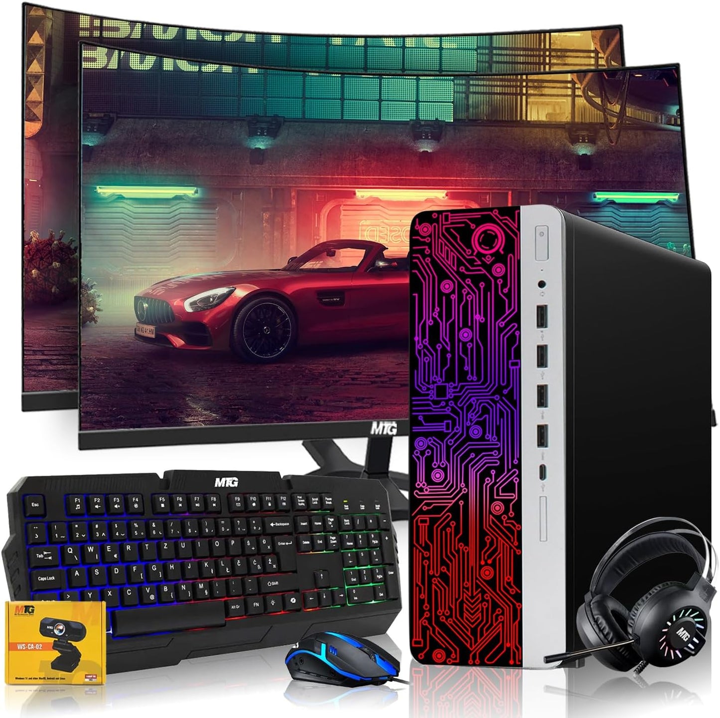 HP G3 RGB Computer PC with Dual 24 Inch Curved Monitor Setup