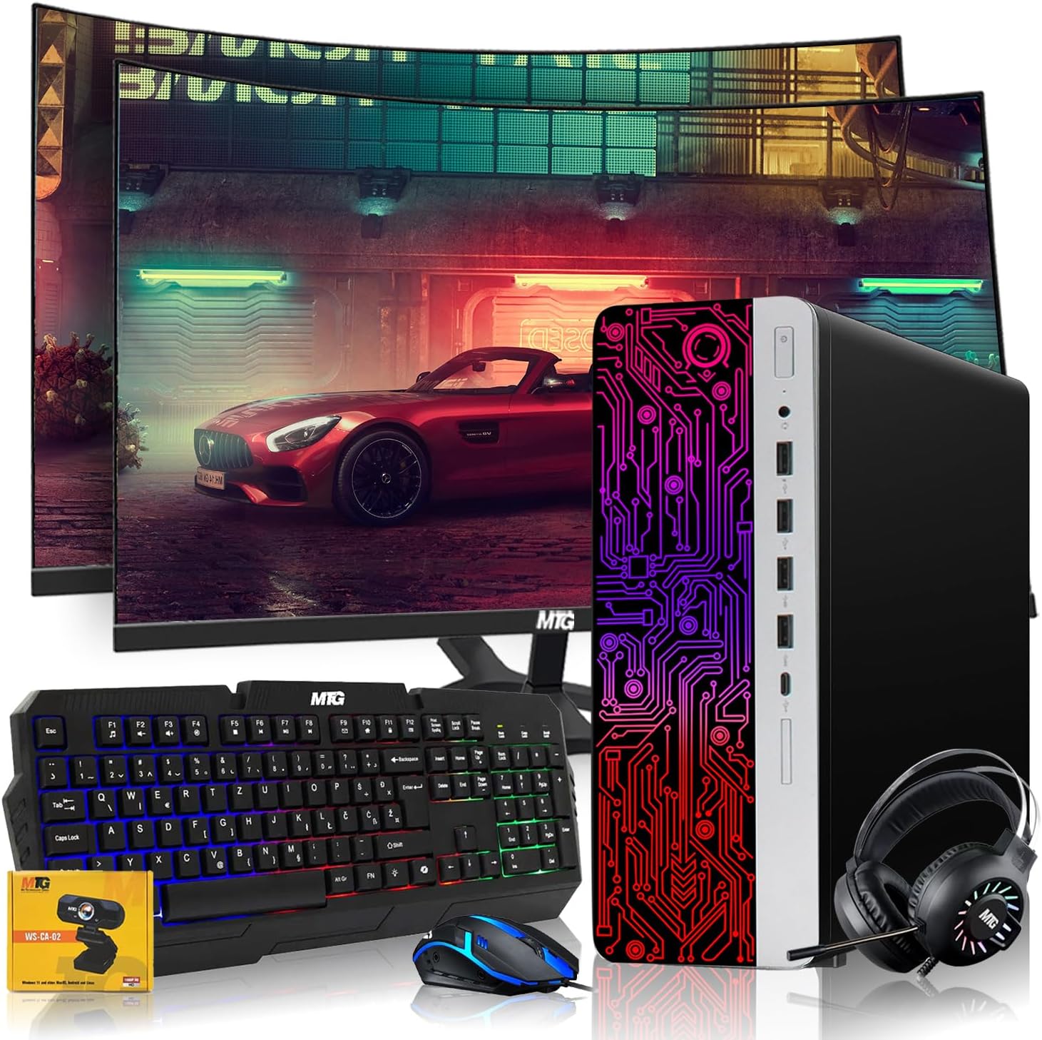 HP G3 RGB Computer PC with Dual 24 Inch Curved Monitor Setup