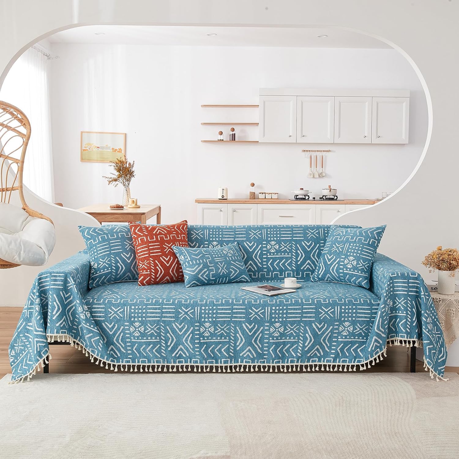 Turquoise Couch Protector for Dogs with Boho Tassel Design