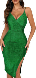Women's V Neck Spaghetti Strap Wrap Bodycon Dress - Ruched Side Slit
