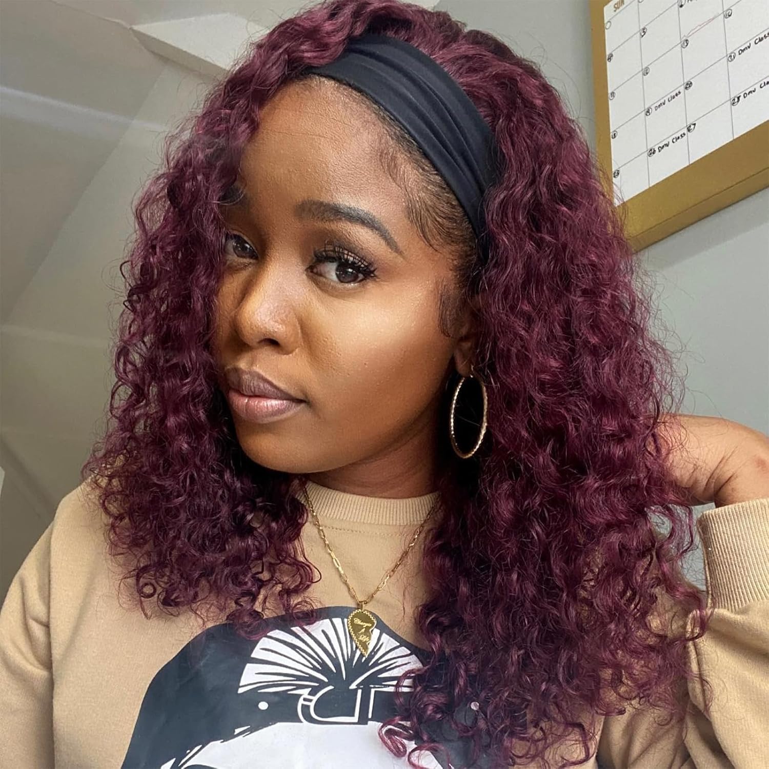 Headband Wig Human Hair Deep Wave 99J for Women - 12Inch Style