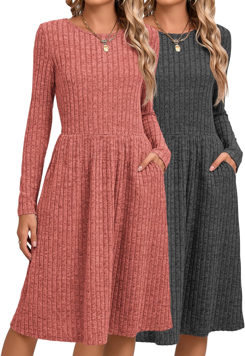 Riyiper Women's Long Sleeve Sweater Dress with Pockets