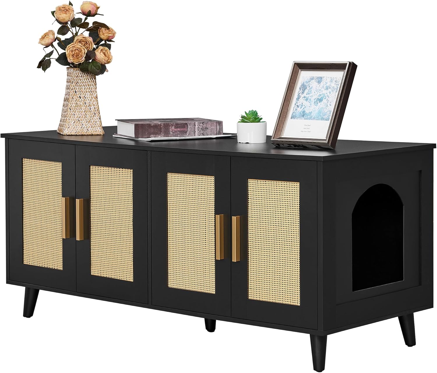 Boho Cat Litter Box Enclosure for 2 Cats with Rattan Doors