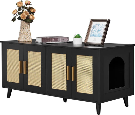 Boho Cat Litter Box Enclosure for 2 Cats with Rattan Doors