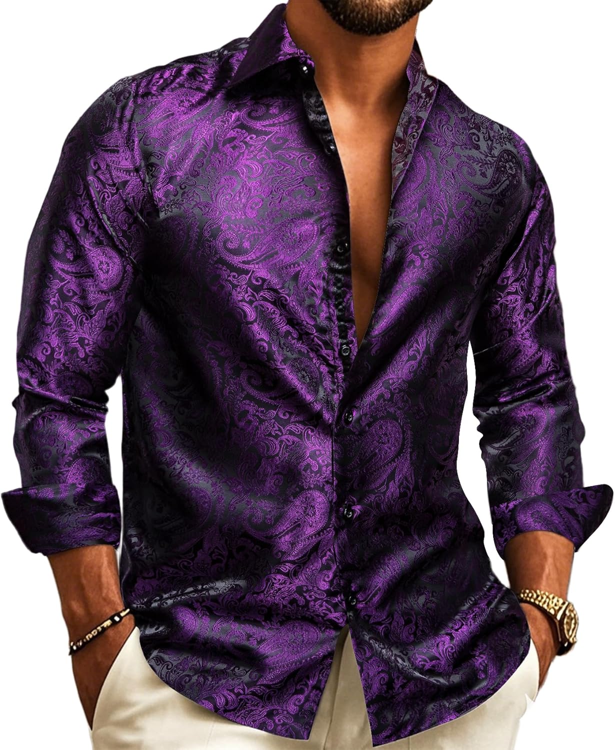 Barry.Wang Mens Western Shirts Silk Paisley Long Sleeve Dress Shirt