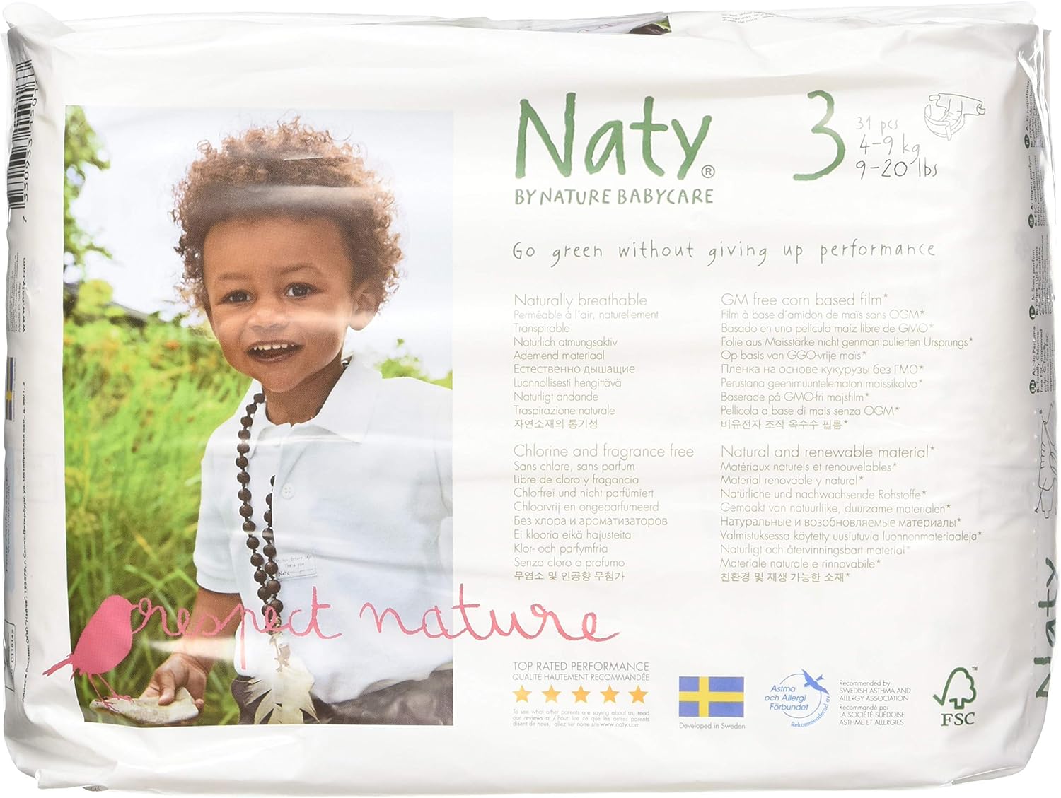 Naty Eco-Friendly Premium Diapers, Size 3, Sensitive Skin, 124ct